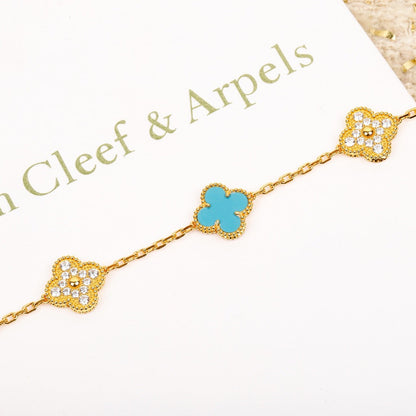 [OAK JURI]CLOVER 5 MOTIF TURQUOISE DIAMOND GOLD BRACELET