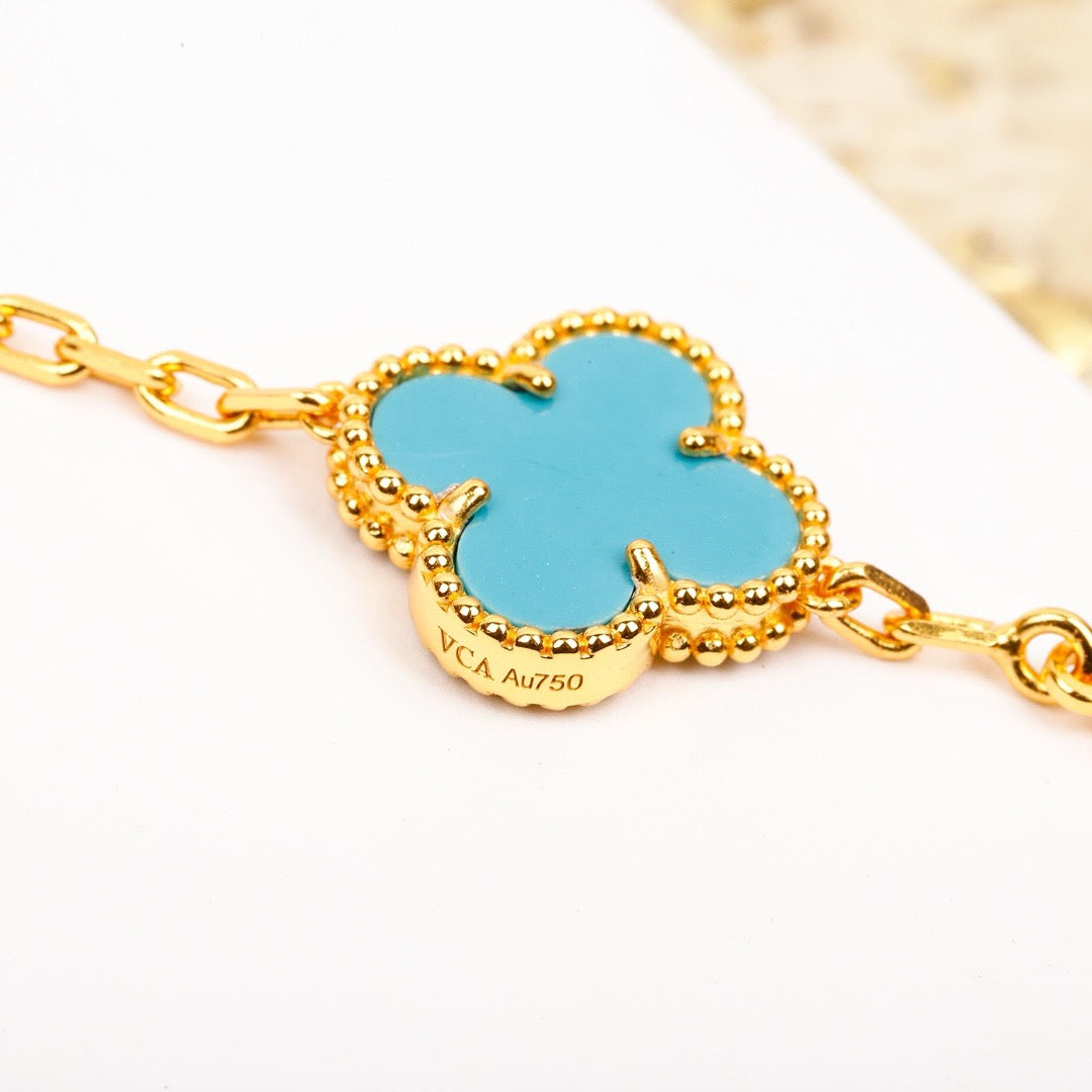 [OAK JURI]CLOVER 5 MOTIF TURQUOISE DIAMOND GOLD BRACELET