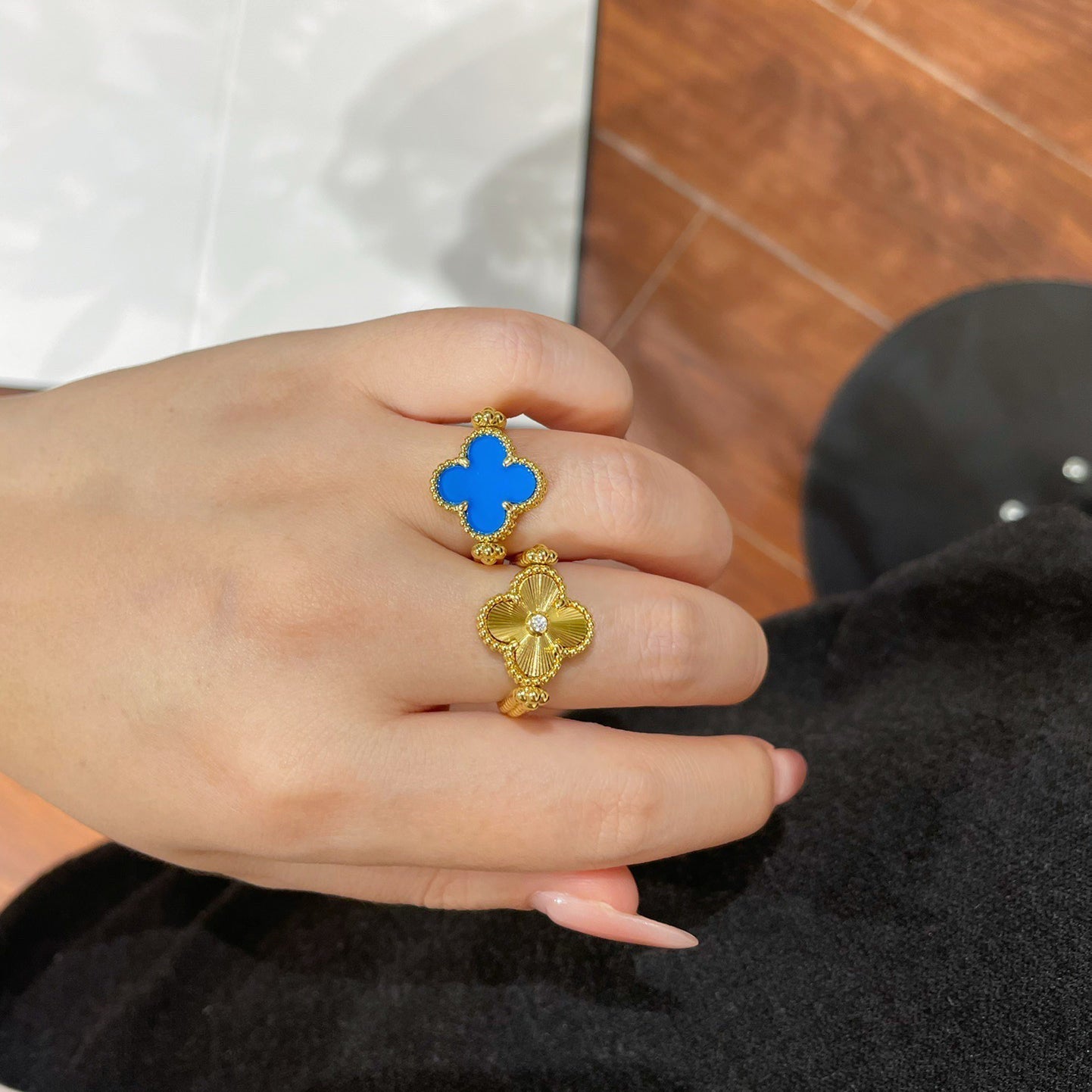[OAK JURI]CLOVER RIVERSIBLE BLUE AGATE RING