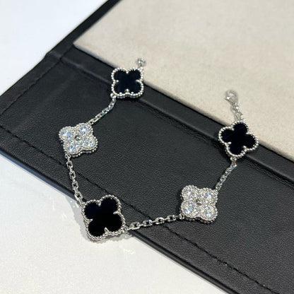[OAK JURI]CLOVER 5 MOTIF ONYXS DIAMOND BRACELET SILVER