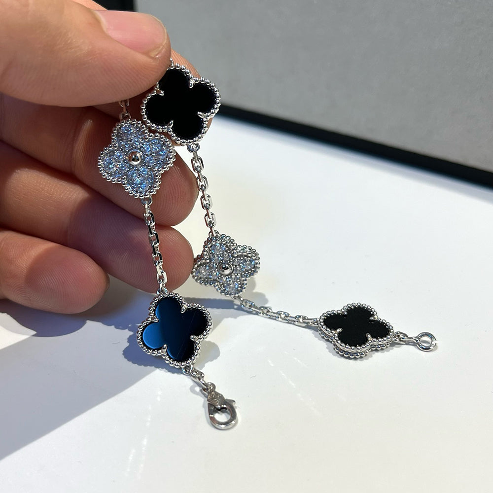 [OAK JURI]CLOVER 5 MOTIF ONYXS DIAMOND BRACELET SILVER