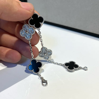 [OAK JURI]CLOVER 5 MOTIF ONYXS DIAMOND BRACELET SILVER
