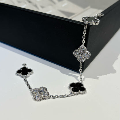 [OAK JURI]CLOVER 5 MOTIF ONYXS DIAMOND BRACELET SILVER