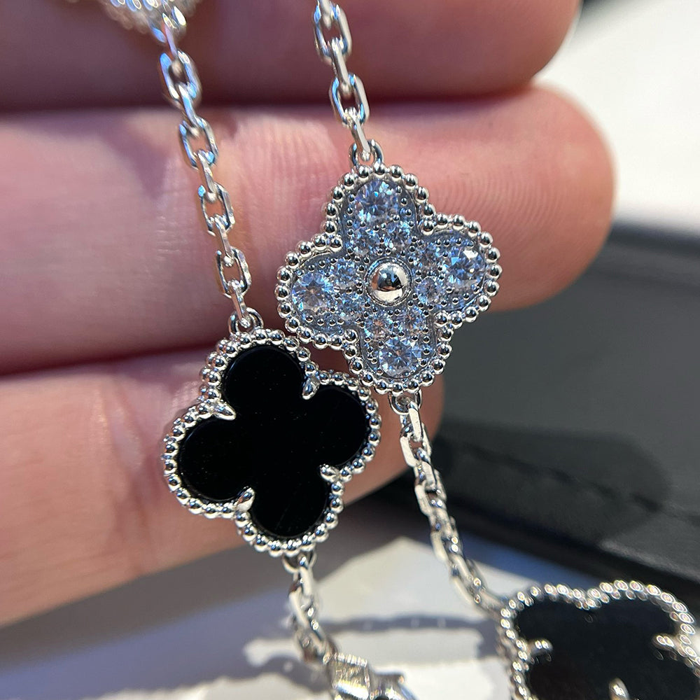 [OAK JURI]CLOVER 5 MOTIF ONYXS DIAMOND BRACELET SILVER