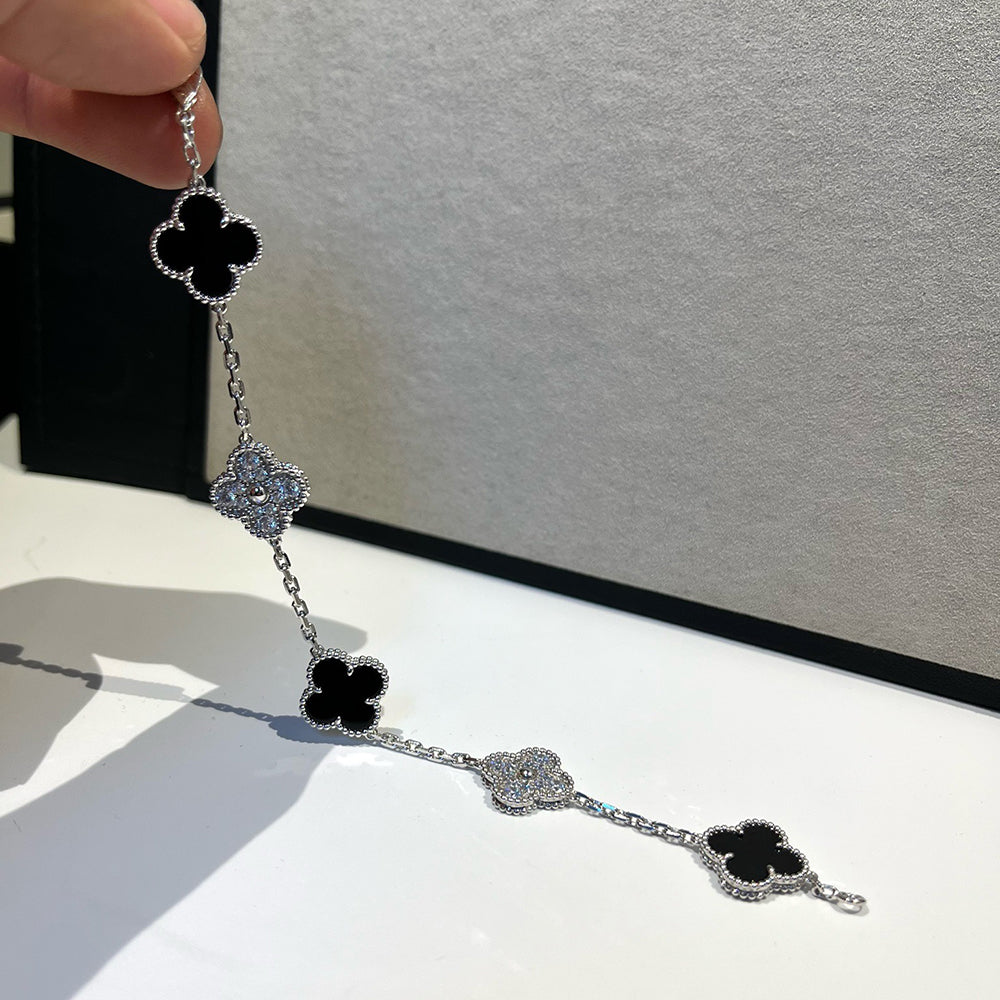 [OAK JURI]CLOVER 5 MOTIF ONYXS DIAMOND BRACELET SILVER