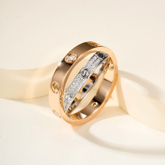 [OAK JURI]LOVE PINK GOLD SILVER DIAMOND DOUBLE RING