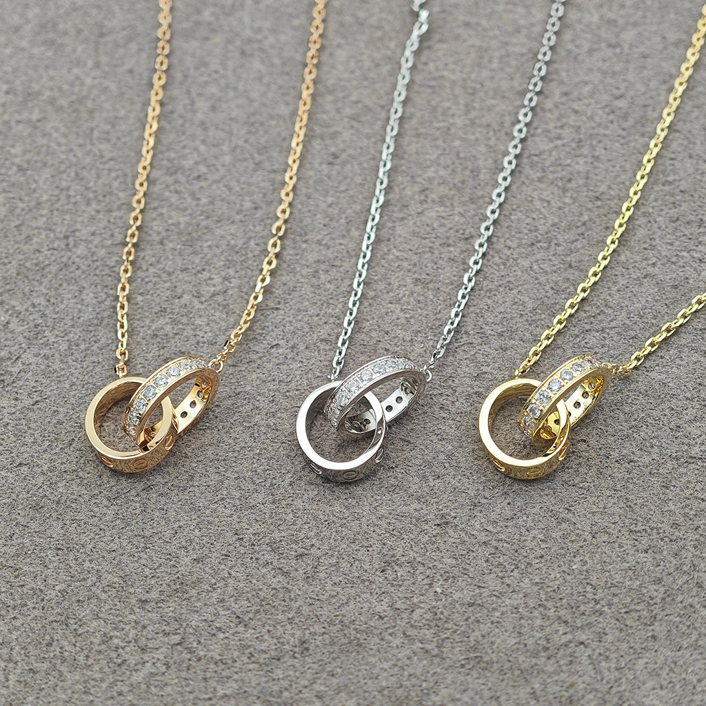 [OAK JURI]LOVE DOUBLE RING HALF DIAMOND NECKLACE