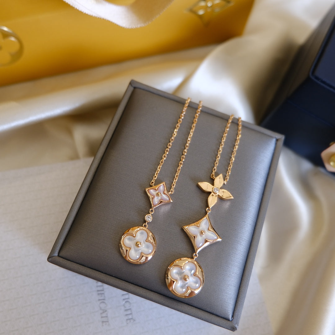 [OAK JURI]COLOR BLOSSOM LARIAT NECKLACE PINK GOLD WHITE MOTHER PEARL AND DIAMOND