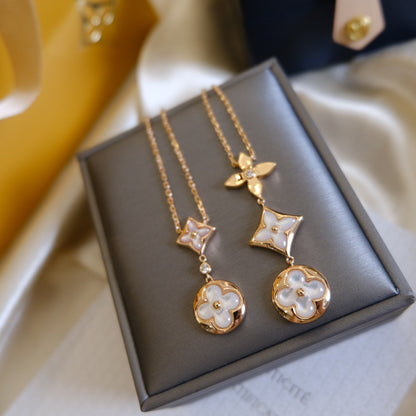 [OAK JURI]COLOR BLOSSOM LARIAT NECKLACE PINK GOLD WHITE MOTHER PEARL AND DIAMOND