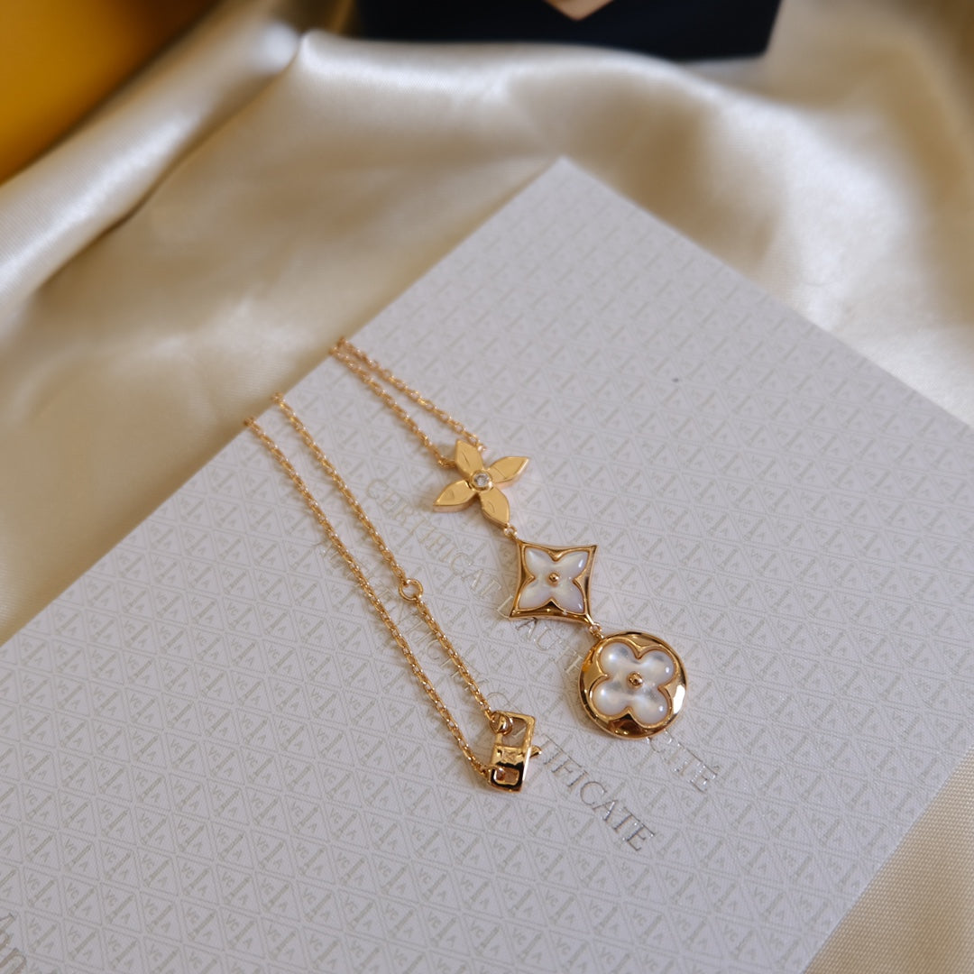 [OAK JURI]COLOR BLOSSOM LARIAT NECKLACE PINK GOLD WHITE MOTHER PEARL AND DIAMOND