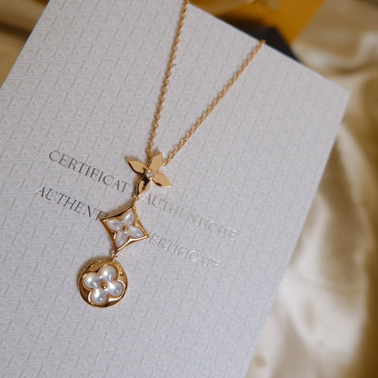 [OAK JURI]COLOR BLOSSOM LARIAT NECKLACE PINK GOLD WHITE MOTHER PEARL AND DIAMOND