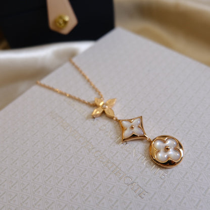 [OAK JURI]COLOR BLOSSOM LARIAT NECKLACE PINK GOLD WHITE MOTHER PEARL AND DIAMOND