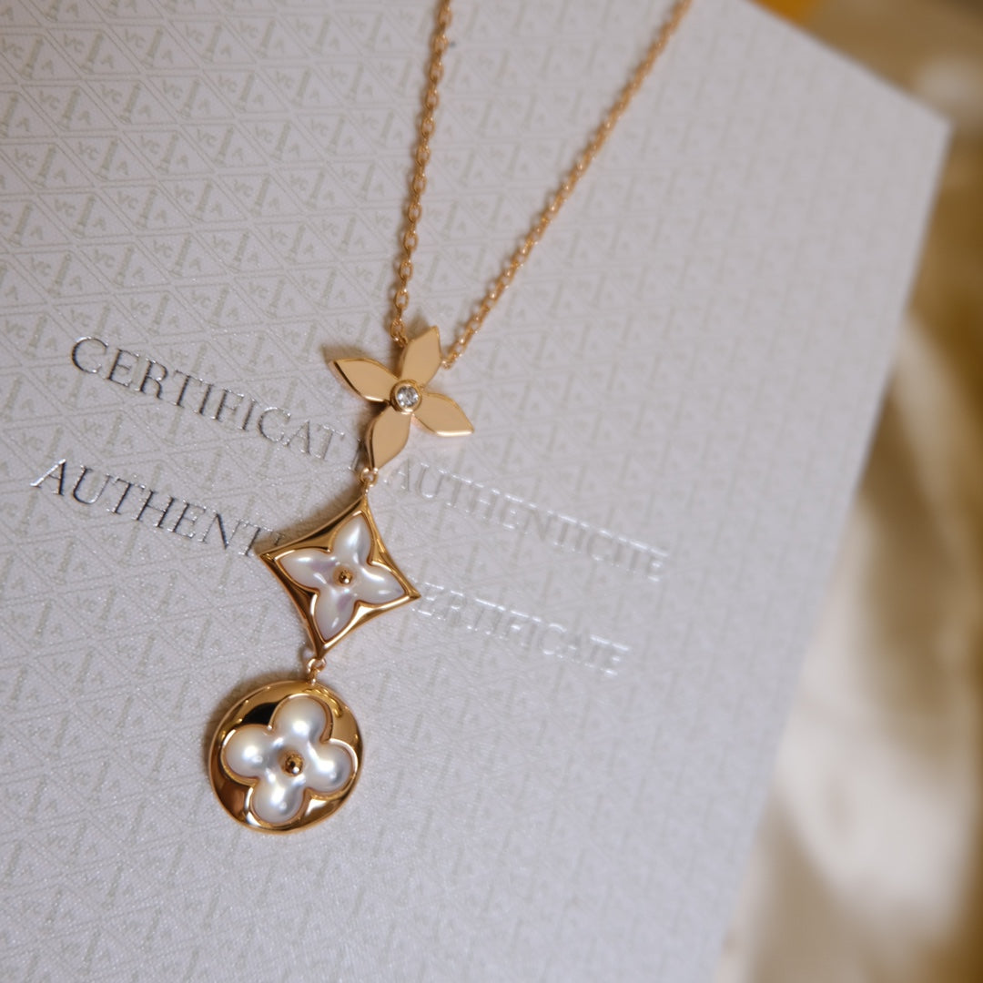 [OAK JURI]COLOR BLOSSOM LARIAT NECKLACE PINK GOLD WHITE MOTHER PEARL AND DIAMOND