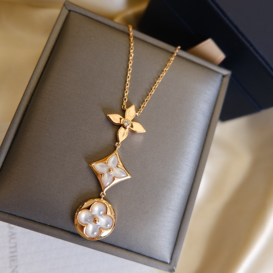 [OAK JURI]COLOR BLOSSOM LARIAT NECKLACE PINK GOLD WHITE MOTHER PEARL AND DIAMOND