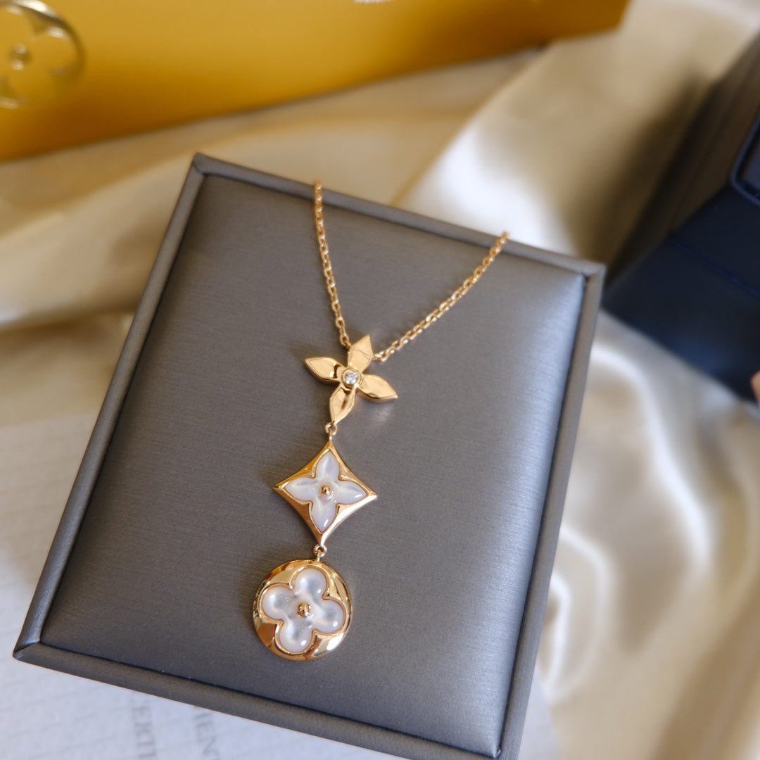 [OAK JURI]COLOR BLOSSOM LARIAT NECKLACE PINK GOLD WHITE MOTHER PEARL AND DIAMOND