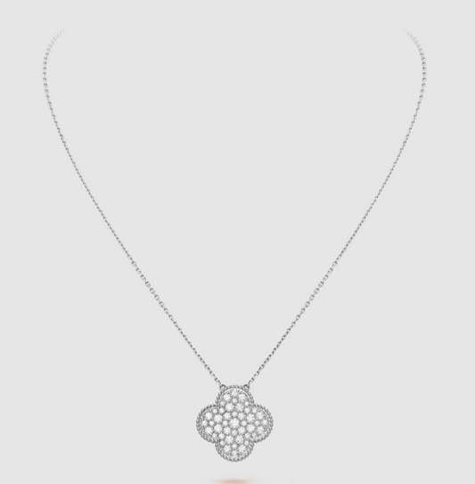 [OAK JURI]CLOVER 25MM LARGE PENDANT DIAMOND PAVED SILVER NECKLACE