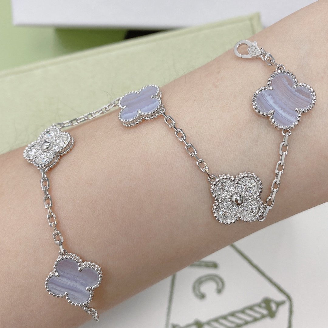 [OAK JURI]CLOVER  5 MOTIF DIAMOND PURPLE CHALCEDONY BRACELET SILVER