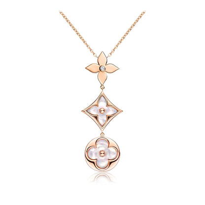 [OAK JURI]COLOR BLOSSOM LARIAT NECKLACE PINK GOLD WHITE MOTHER PEARL AND DIAMOND