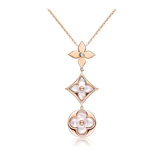 [OAK JURI]COLOR BLOSSOM LARIAT NECKLACE PINK GOLD WHITE MOTHER PEARL AND DIAMOND
