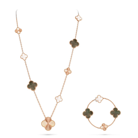 [OAK JURI]DETACHABLE CLOVER 15(11+4) FLOWER ROSE GOLD NECKLACE SET
