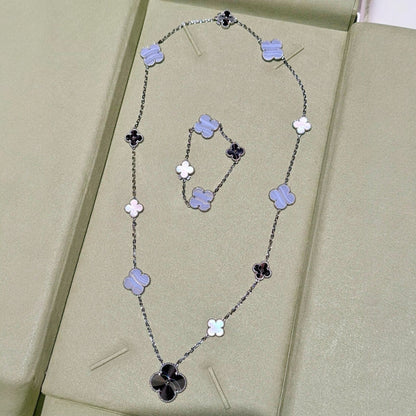 [OAK JURI]DETACHABLE CLOVER 15(11+4) FLOWER SILVER NECKLACE SET