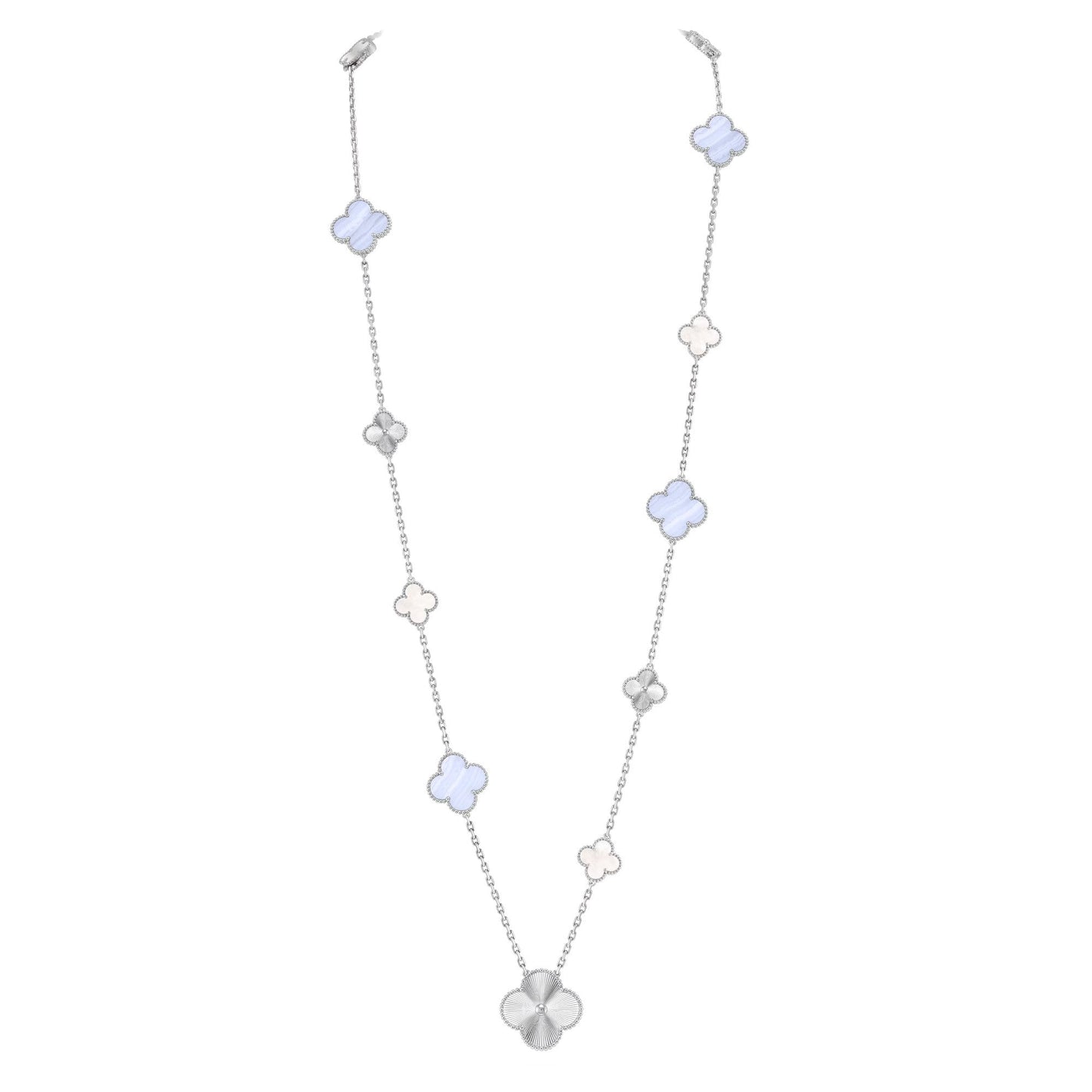 [OAK JURI]DETACHABLE CLOVER 15(11+4) FLOWER SILVER NECKLACE SET