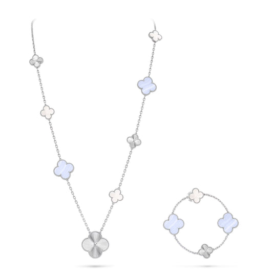 [OAK JURI]DETACHABLE CLOVER 15(11+4) FLOWER SILVER NECKLACE SET