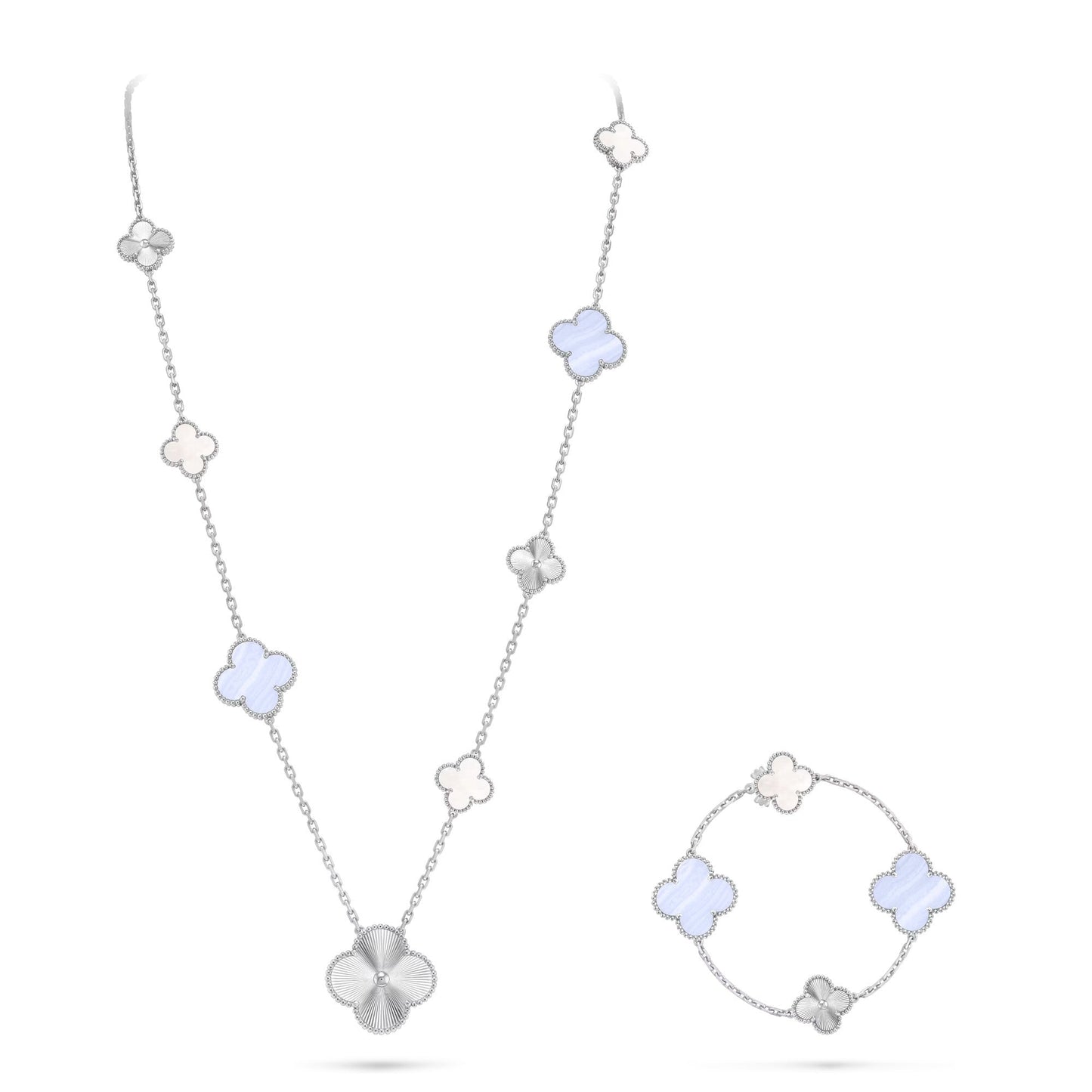 [OAK JURI]DETACHABLE CLOVER 15(11+4) FLOWER SILVER NECKLACE SET