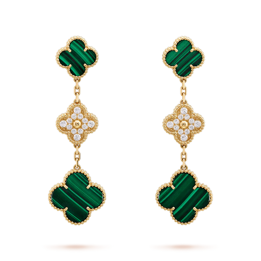 [OAK JURI]CLOVER EARRINGS GOLD MALACHITE DIAMOND 3 MOTIF