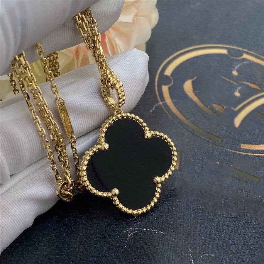 [OAK JURI]CLOVER 25MM GOLD ONYX BIG CLOVER NECKLACE