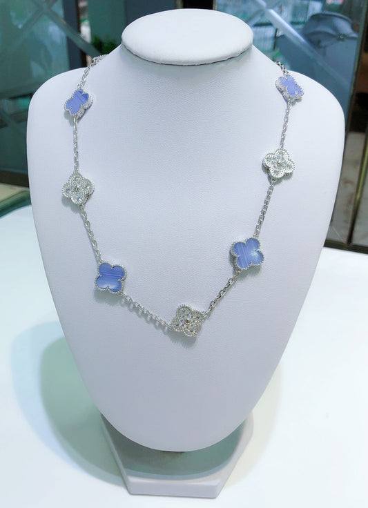 [OAK JURI]CLOVER 10 MOTIFS CHALCEDONY DIAMONDS SILVER NECKLACE