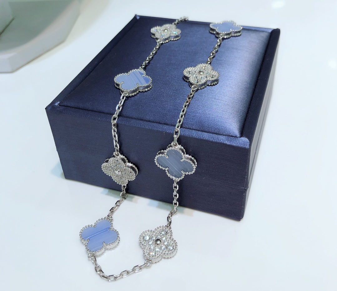 [OAK JURI]CLOVER 10 MOTIFS CHALCEDONY DIAMONDS SILVER NECKLACE
