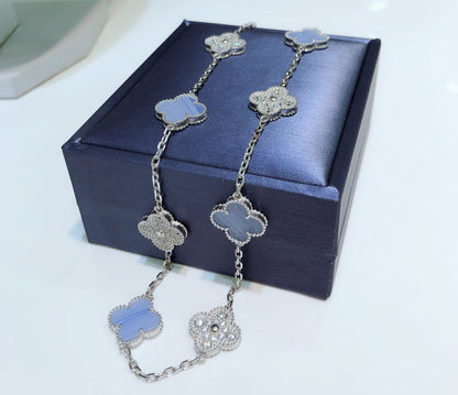 [OAK JURI]CLOVER 10 MOTIFS CHALCEDONY DIAMONDS SILVER NECKLACE