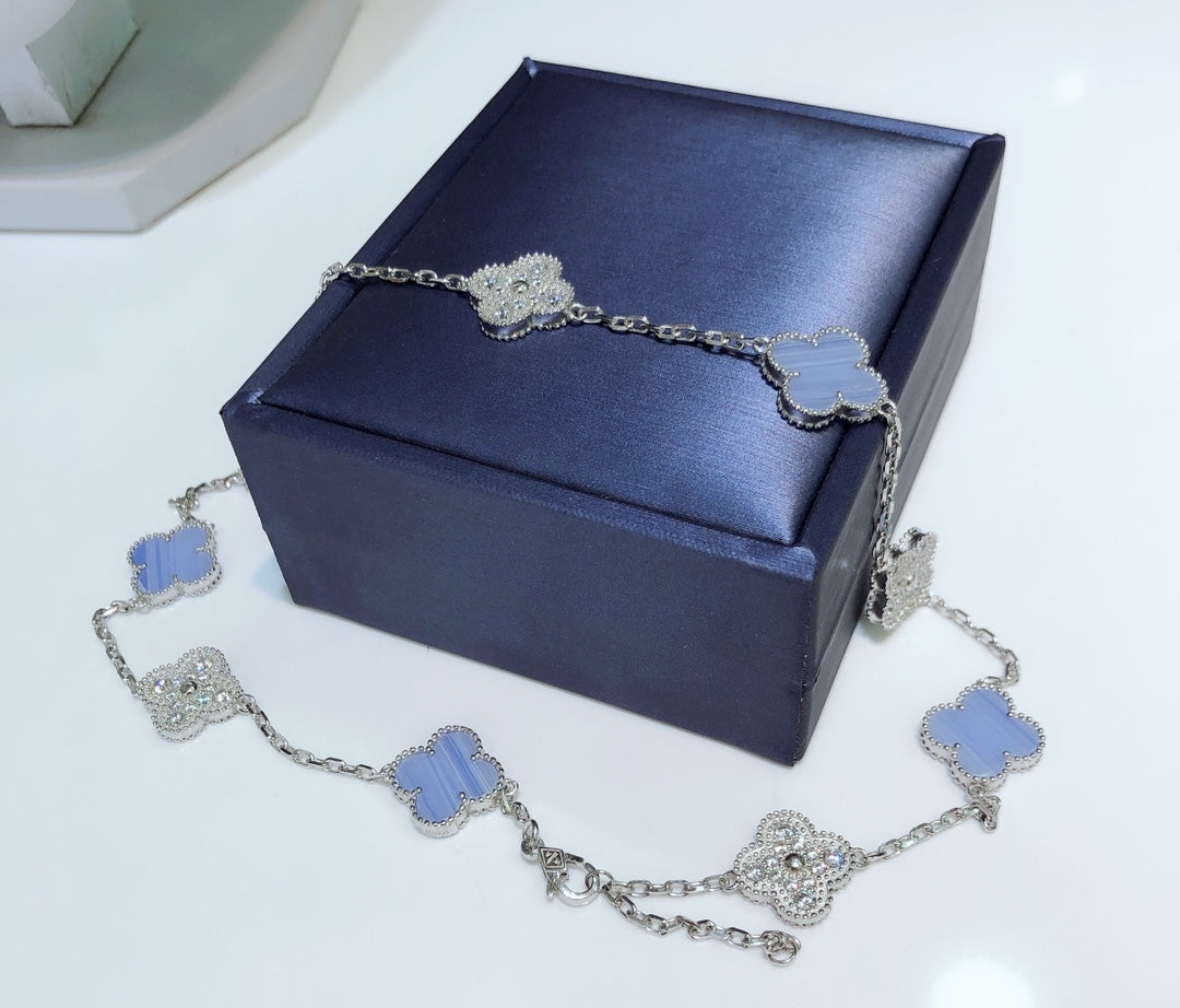 [OAK JURI]CLOVER 10 MOTIFS CHALCEDONY DIAMONDS SILVER NECKLACE