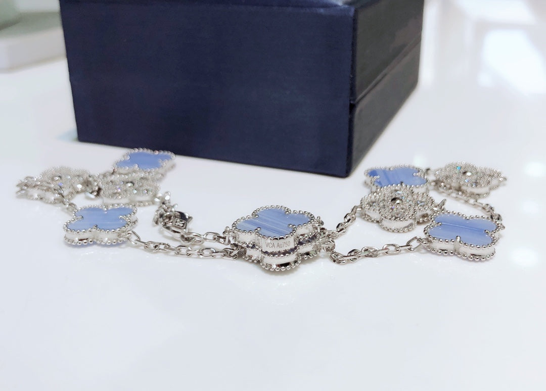 [OAK JURI]CLOVER 10 MOTIFS CHALCEDONY DIAMONDS SILVER NECKLACE