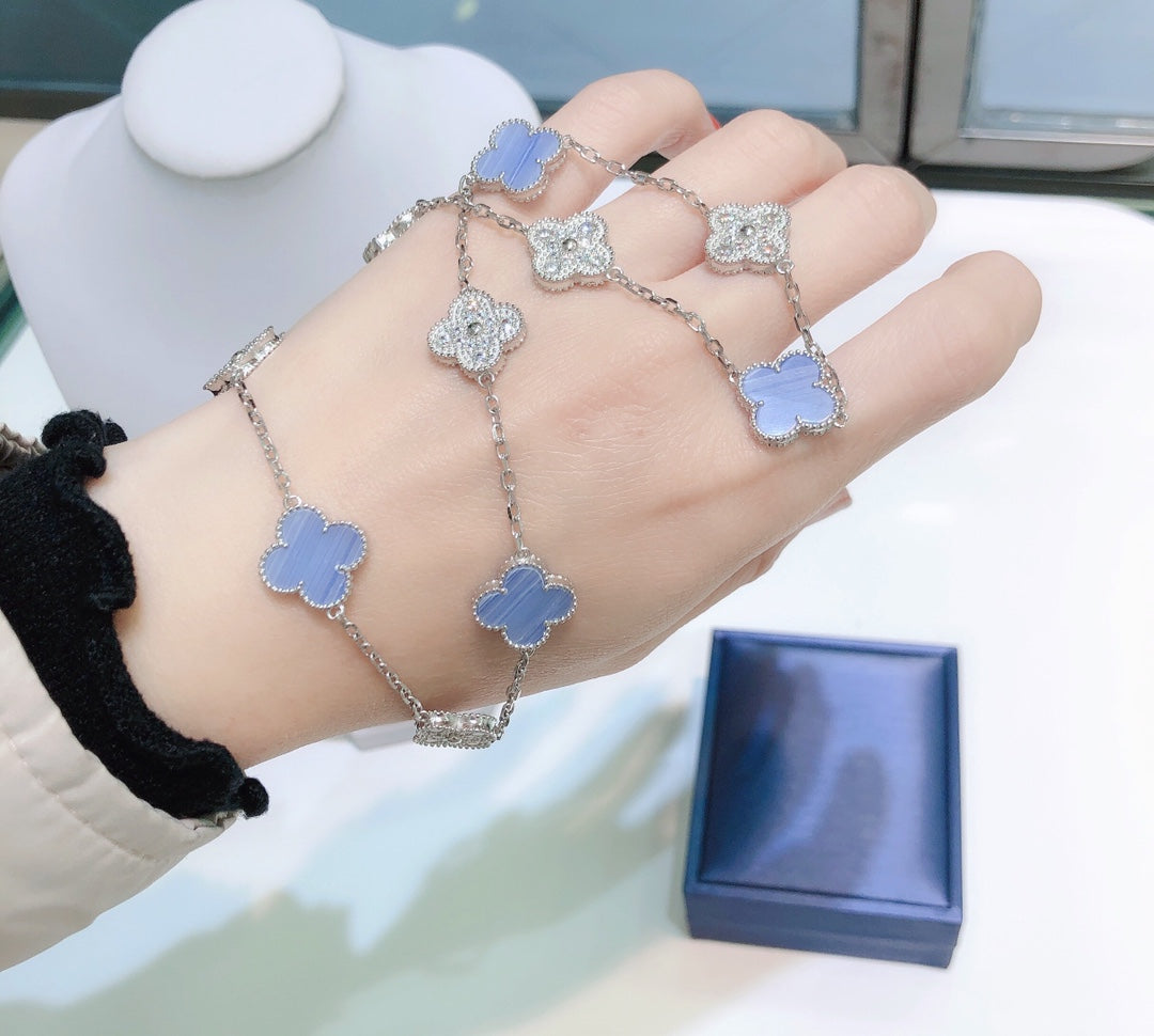 [OAK JURI]CLOVER 10 MOTIFS CHALCEDONY DIAMONDS SILVER NECKLACE