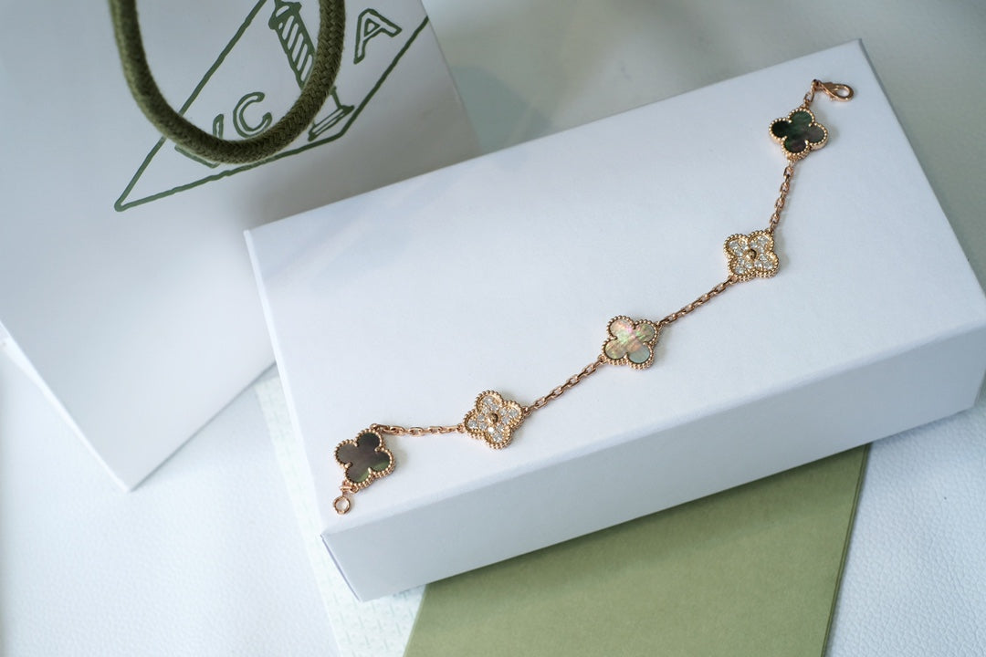 [OAK JURI]CLOVER 5 MOTIFS DARK MOP AND DIAMONDS PINK GOLD BRACELET