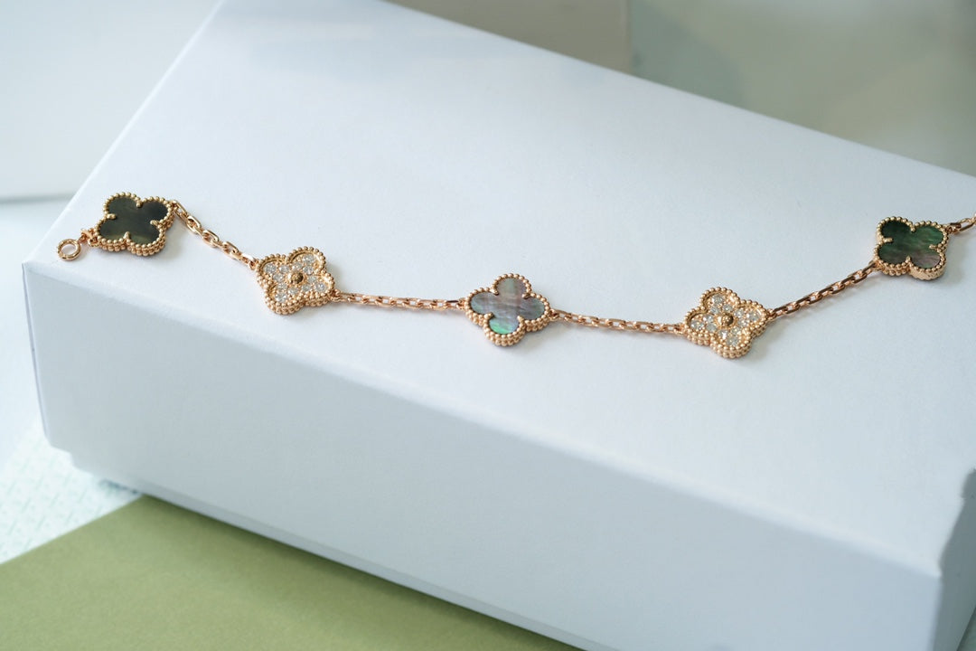 [OAK JURI]CLOVER 5 MOTIFS DARK MOP AND DIAMONDS PINK GOLD BRACELET