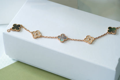 [OAK JURI]CLOVER 5 MOTIFS DARK MOP AND DIAMONDS PINK GOLD BRACELET