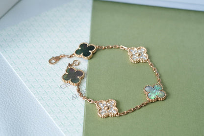 [OAK JURI]CLOVER 5 MOTIFS DARK MOP AND DIAMONDS PINK GOLD BRACELET