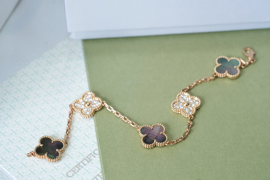 [OAK JURI]CLOVER 5 MOTIFS DARK MOP AND DIAMONDS PINK GOLD BRACELET