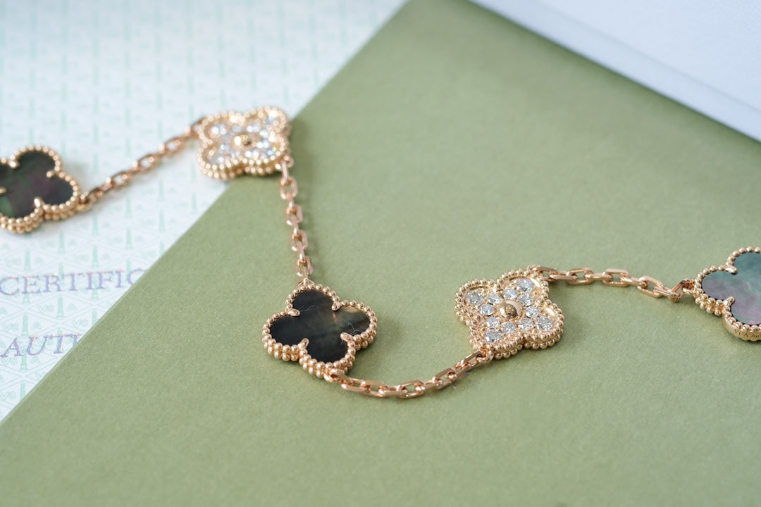 [OAK JURI]CLOVER 5 MOTIFS DARK MOP AND DIAMONDS PINK GOLD BRACELET