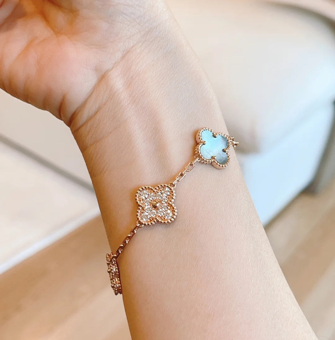 [OAK JURI]CLOVER 5 MOTIFS DARK MOP AND DIAMONDS PINK GOLD BRACELET