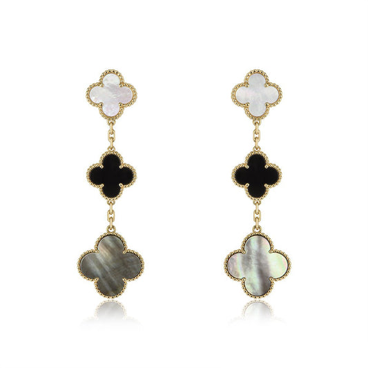 [OAK JURI]CLOVER EARRINGS GOLD ONYX MOP 3 MOTIF
